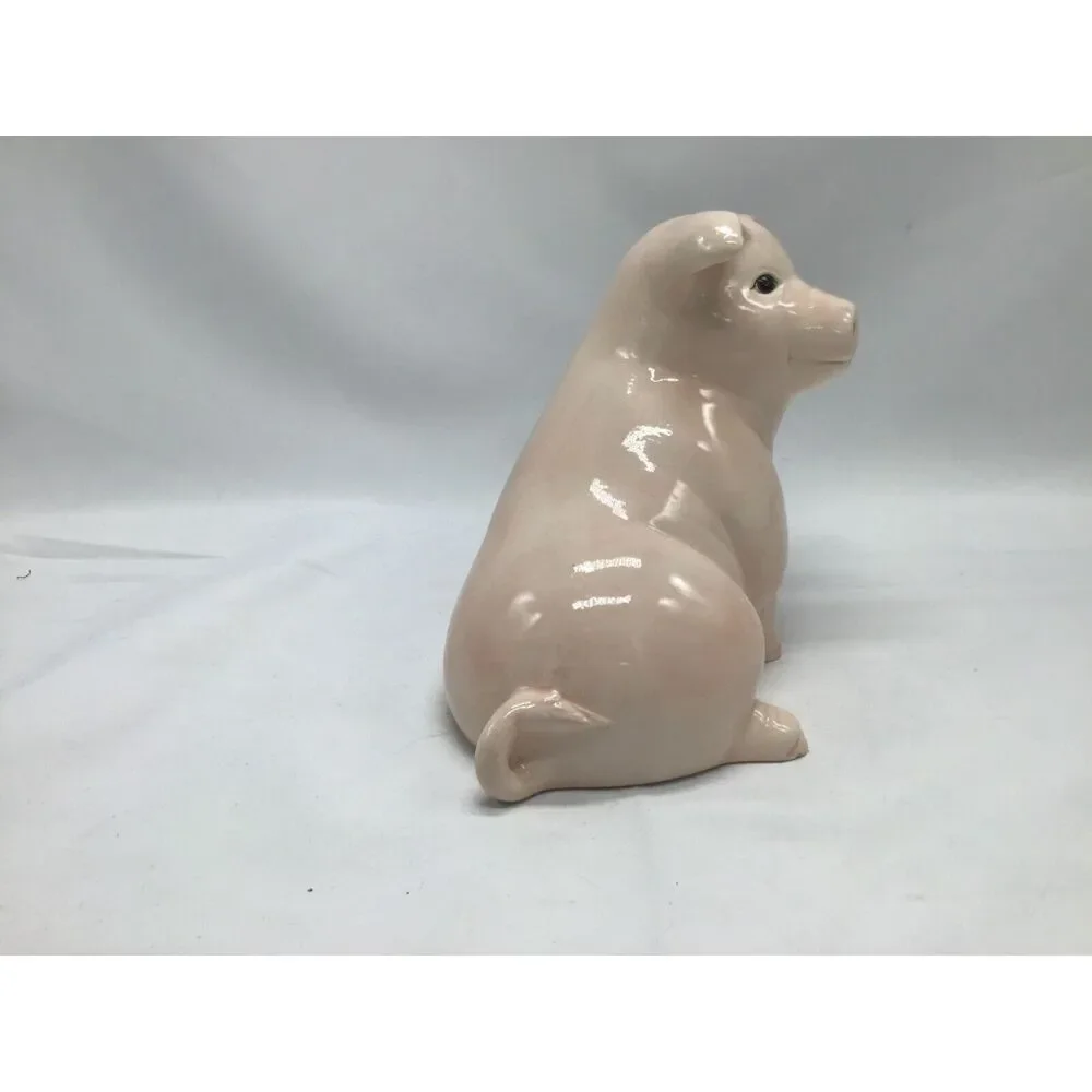 Smiling Happy Pink Pig Ceramic Porcelain Figurine 6 Inch Crazing Farmhouse